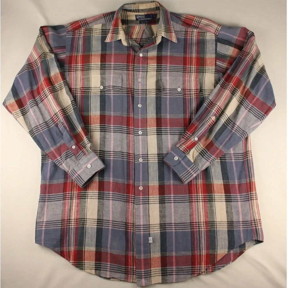 Polo Ralph Lauren Plaid Shirt Mens Large‎ Linen Cotton Button Up Red Blue